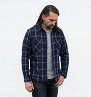 IHSH-412-BLK - 9oz Selvedge Indigo Check Flannel Work Shirt - Indigo/ Black