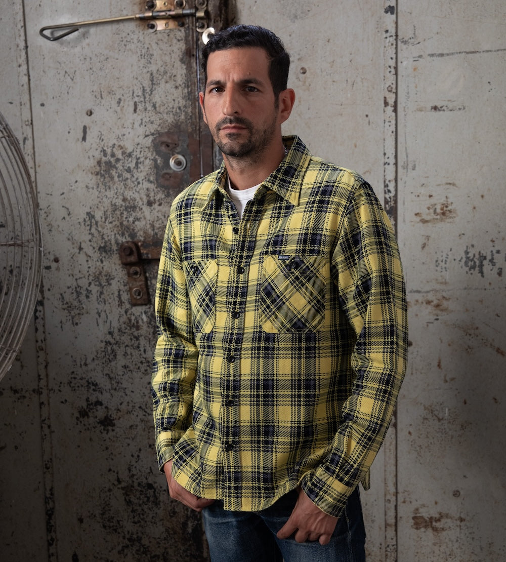 IHSH-412-YEL - 9oz Selvedge Indigo Check Flannel Work Shirt - Yellow