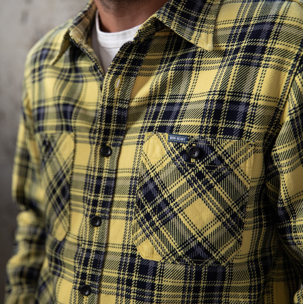 IHSH-412-YEL - 9oz Selvedge Indigo Check Flannel Work Shirt - Yellow
