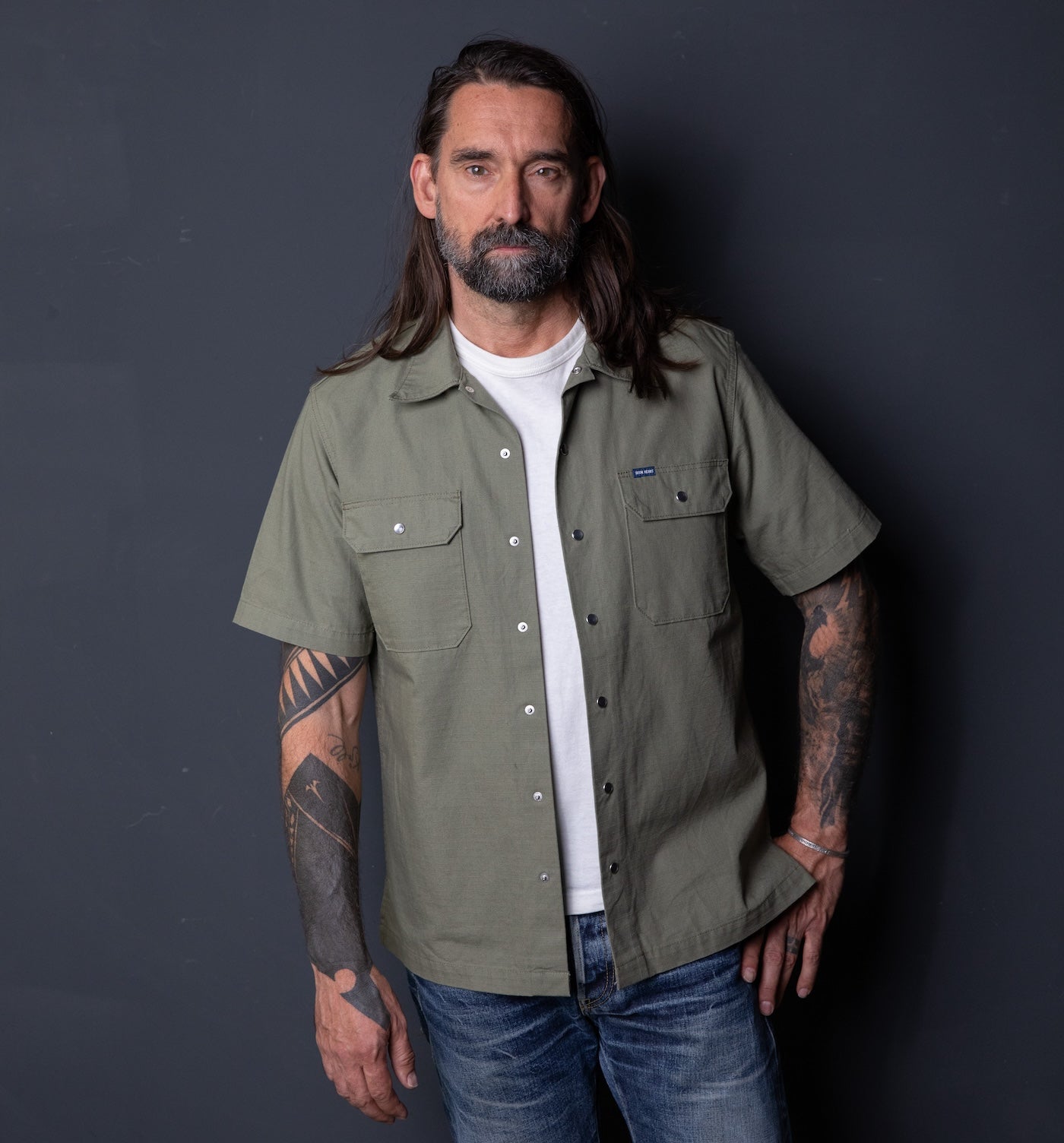 IHSH-415-GRN - SS25 - 8oz Ripstop Short Sleeved Mechanic Shirt - Military Green