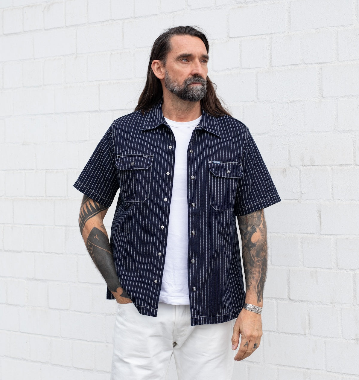 メカニックウォバッシュシャツ IHSH-416-IND - 10oz Wabash Short Sleeved Mechanic Shirt - Indigo