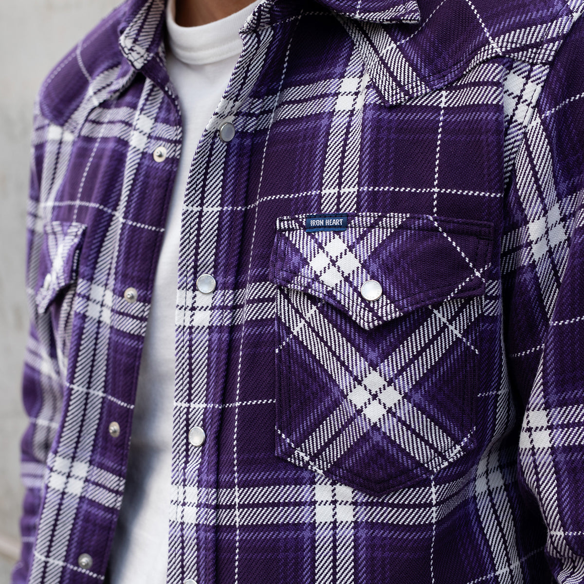 IHSH-439-PUR - 9oz Selvedge Flannel Western Shirt - Purple Check