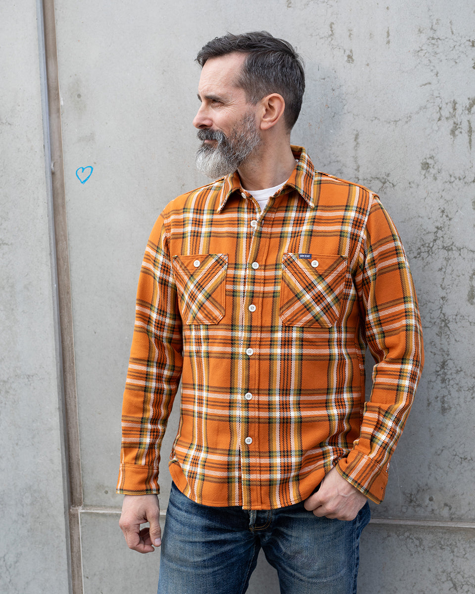 IHSH-442-ORA - SS26 - 9oz Selvedge Flannel Work Shirt - Orange Check
