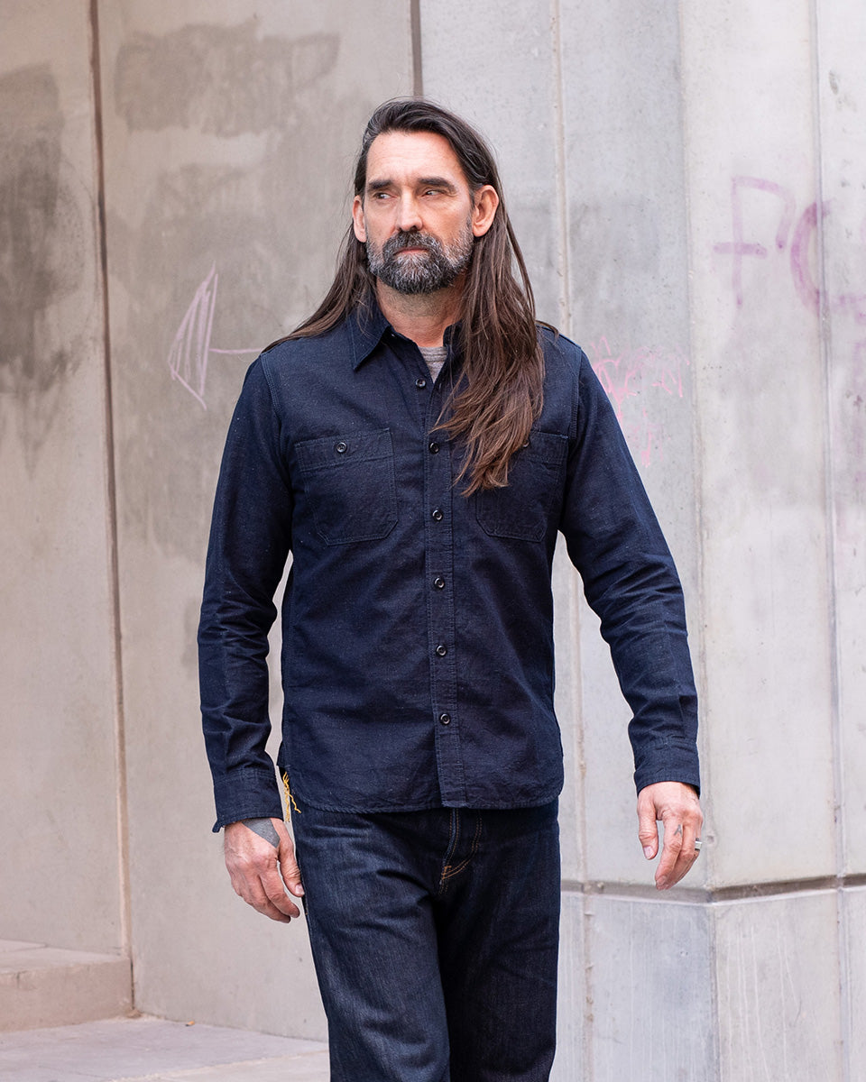 トップス Esan IHSH-443-IND - 7oz Cotton Linen Chambray Work Shirt - Indigo