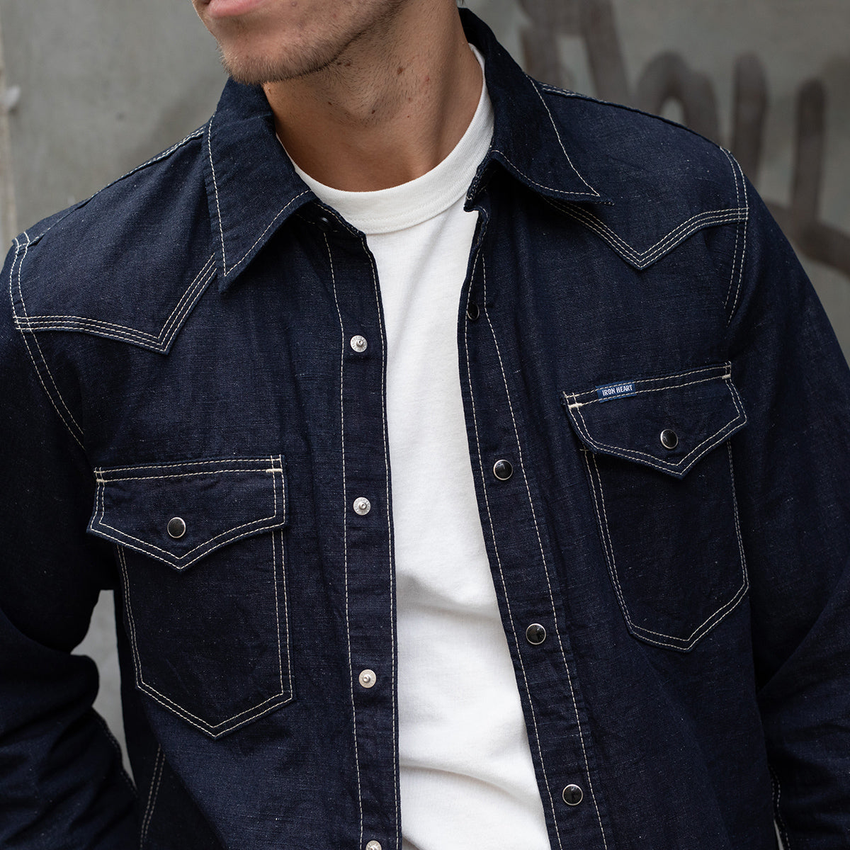 IHSH-444-IND - SS26 - 7oz Cotton Linen Chambray Western Shirt - Indigo