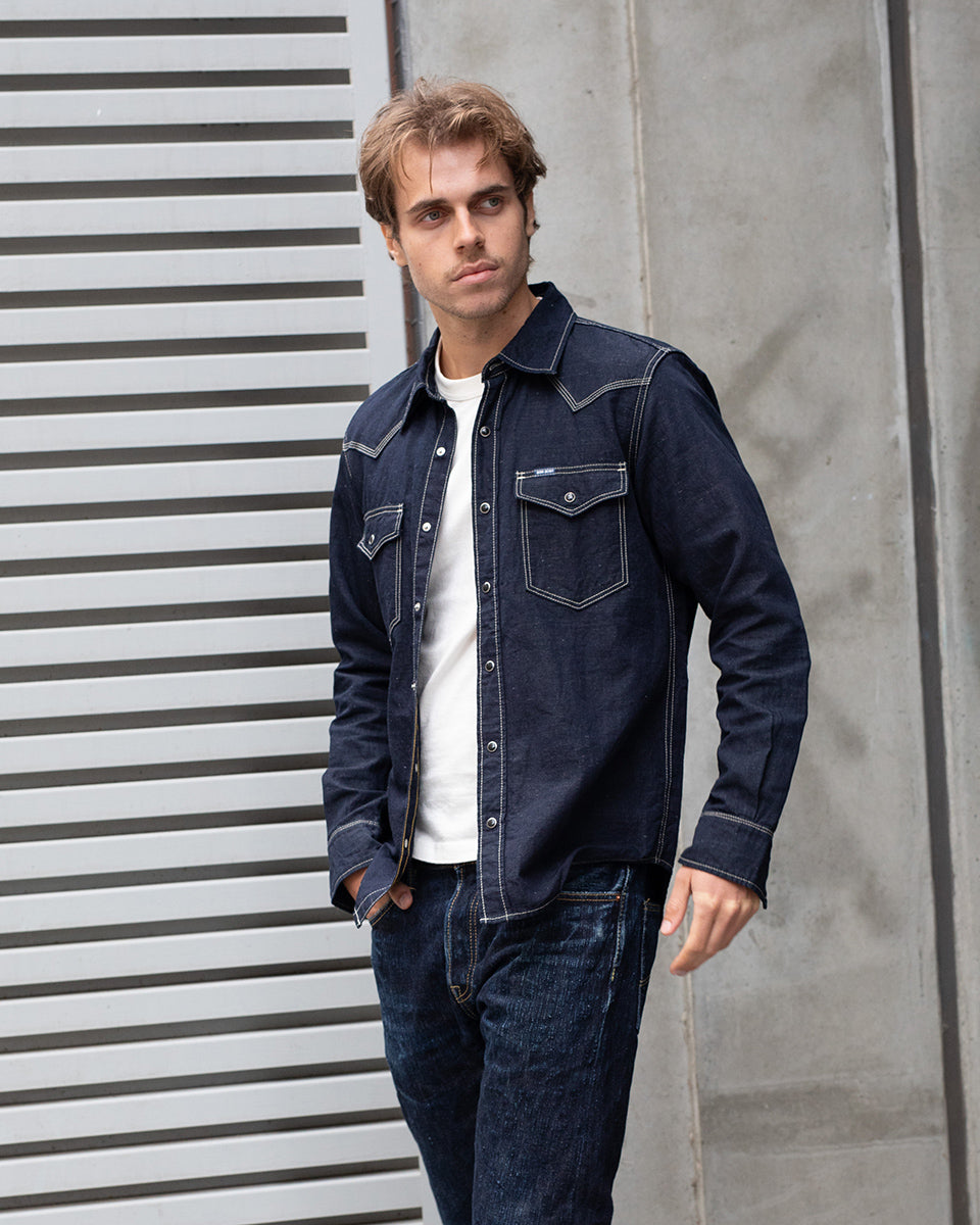 IHSH-444-IND - SS26 - 7oz Cotton Linen Chambray Western Shirt - Indigo