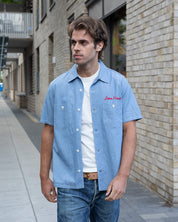 IHSH-447-SAX - SS26 - 5oz Cotton Linen Open Collar Short Sleeve Shirt - Sax Blue