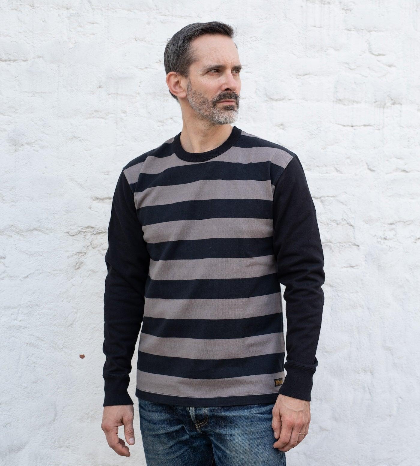 IHTB-05-GRY - 11oz Cotton Knit Long-Sleeved Sweater - Striped Body with Black Arms