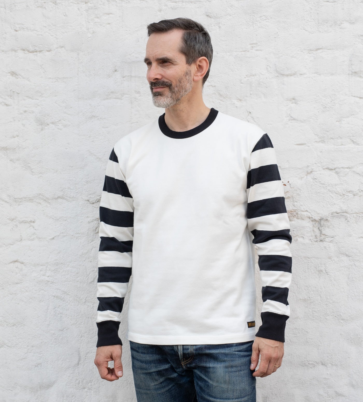 IHTB-12-WHT - 11oz Cotton Knit Long-Sleeved Sweater - White Body with Stripes