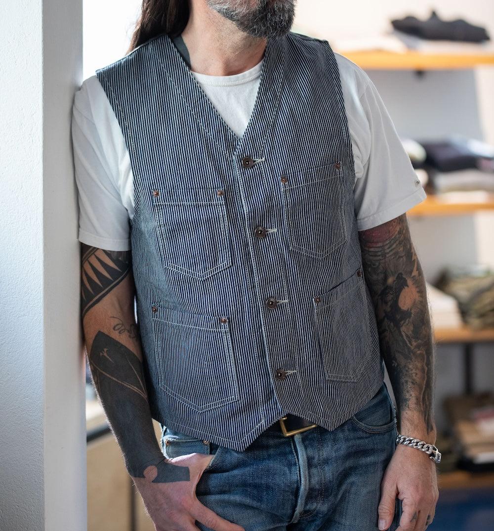 IHV-47-IND - 10.5oz Narrow Stripe Hickory Work Vest - Indigo