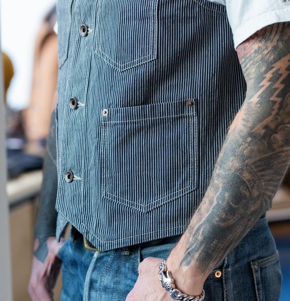 IHV-47-IND - 10.5oz Narrow Stripe Hickory Work Vest - Indigo