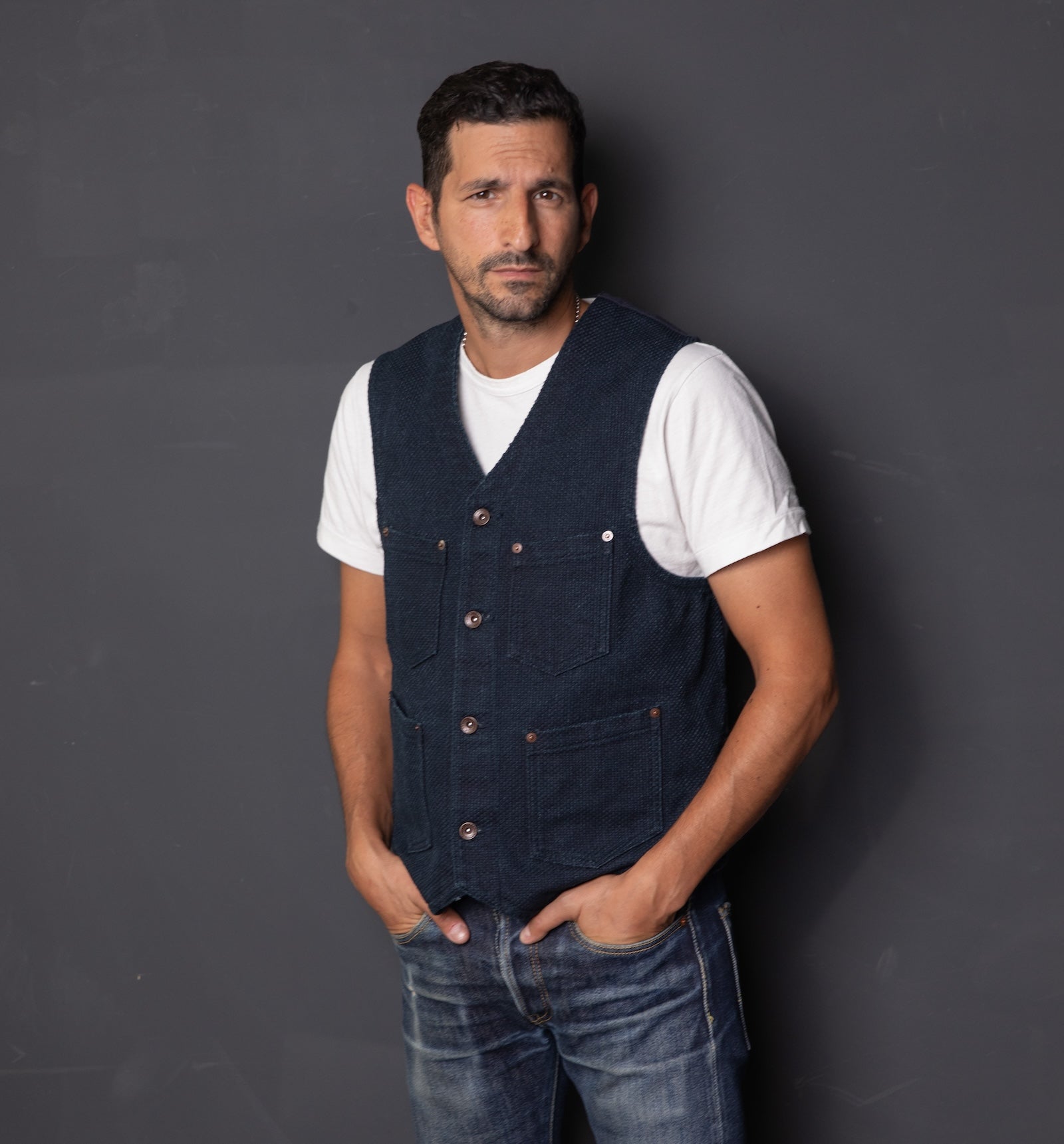 IHV-50-IND - 14oz Sashiko Dobby Cloth / Duck Work Vest - Indigo