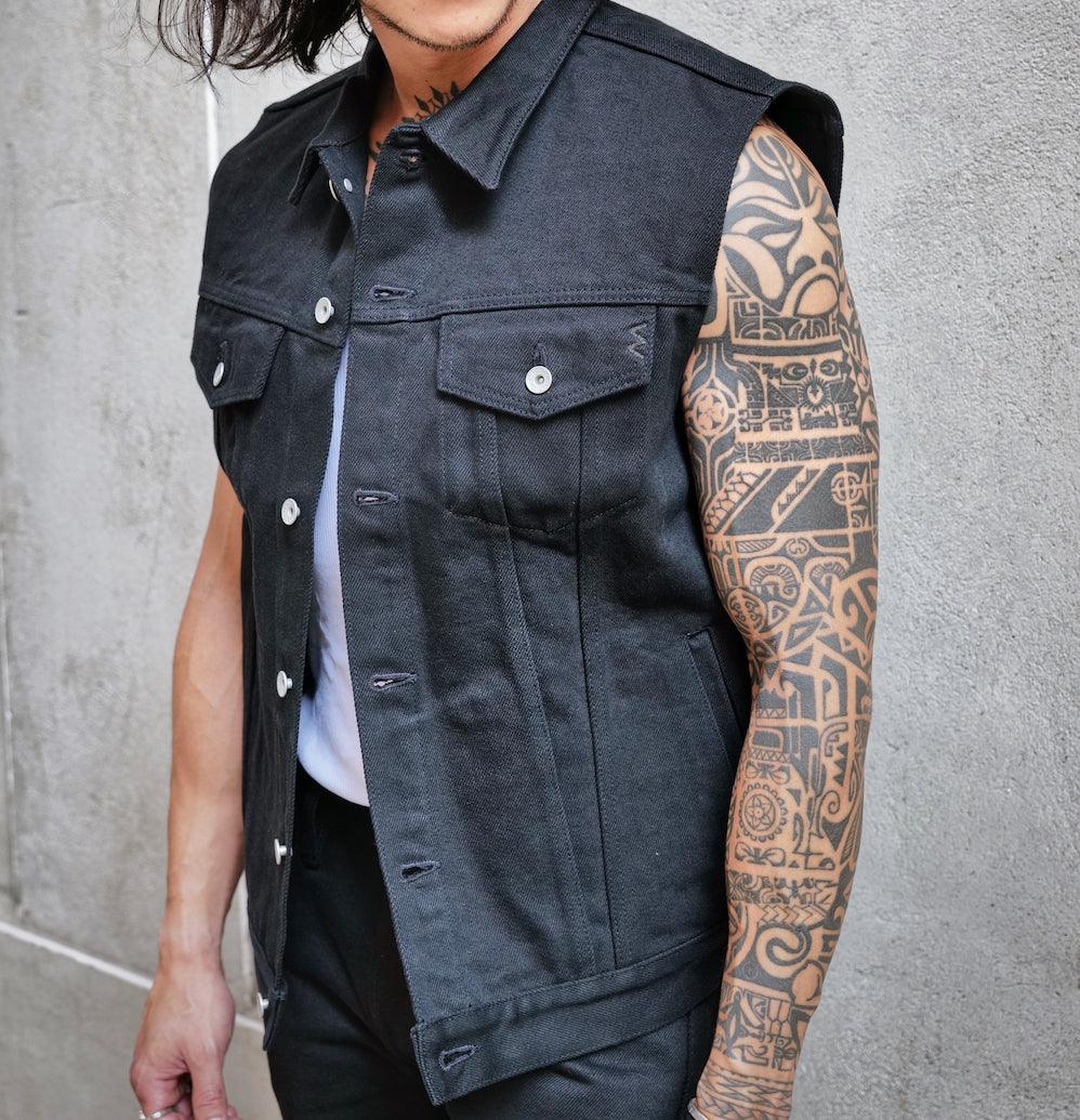 Image showing the IH-9526V - 21oz Non-Fade Denim Vest Superblack which is a Vests described by the following info Iron Heart, Released, Tops, Vests and sold on the IRON HEART GERMANY online store