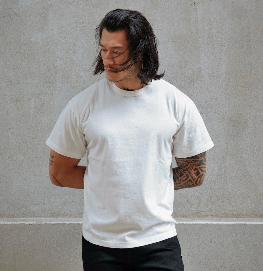 Image showing the IHT-1610L-WHT - 6.5oz Loopwheel Crew Neck T-Shirt White which is a T-Shirts described by the following info Iron Heart, Released, T-Shirts, Tops and sold on the IRON HEART GERMANY online store