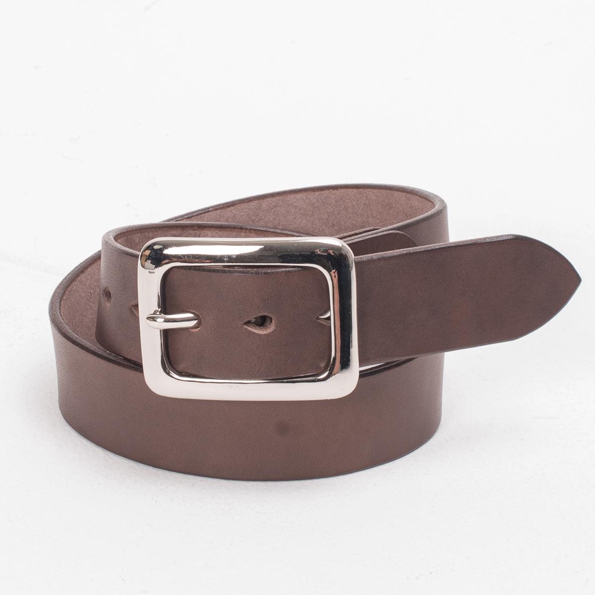 Image showing the IHB-08-BRN - Heavy Duty "Tochigi" Leather Belt with Nickel Plated Garrison Buckle - Brown which is a Belts described by the following info Accessories, Belts, Iron Heart, Released and sold on the IRON HEART GERMANY online store