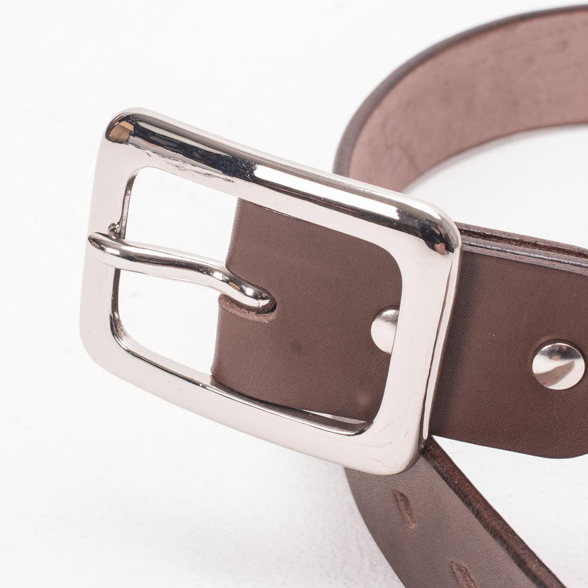 Image showing the IHB-08-BRN - Heavy Duty "Tochigi" Leather Belt with Nickel Plated Garrison Buckle - Brown which is a Belts described by the following info Accessories, Belts, Iron Heart, Released and sold on the IRON HEART GERMANY online store