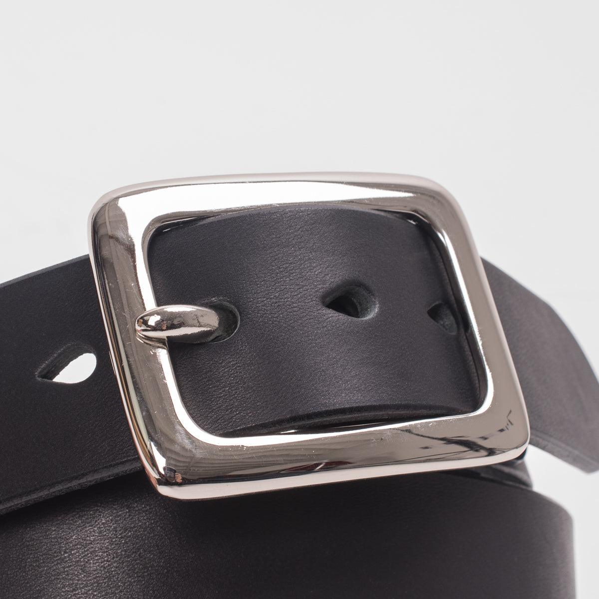 Image showing the IHB-08-BLK - Heavy Duty "Tochigi" Leather Belt With Nickel Plated Garrison Buckle - Black which is a Belts described by the following info Accessories, Belts, Iron Heart, Released and sold on the IRON HEART GERMANY online store