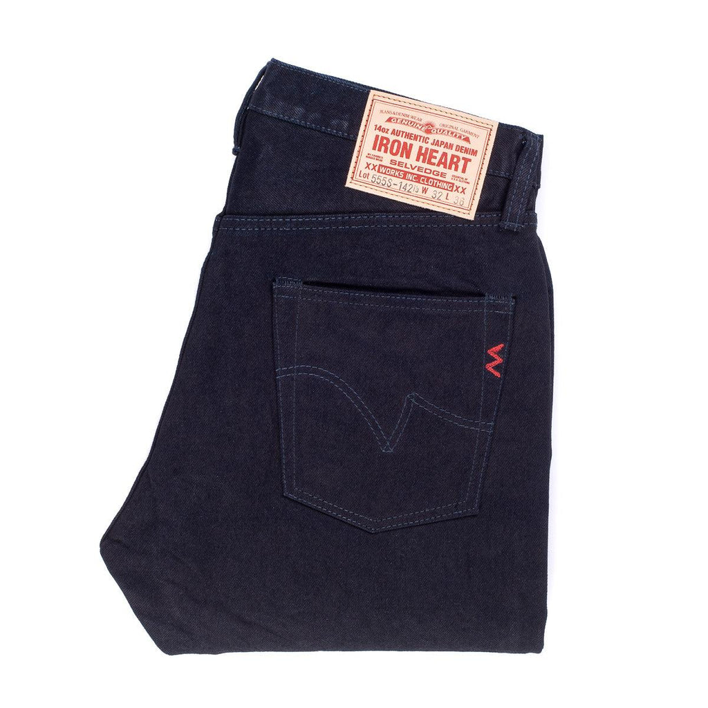 Image showing the IH-555S-142ib - 14oz Selvedge Denim Super Slim Cut Jeans Indigo/Black which is a Jeans described by the following info 555, Bottoms, Iron Heart, Jeans, Released, Slim and sold on the IRON HEART GERMANY online store