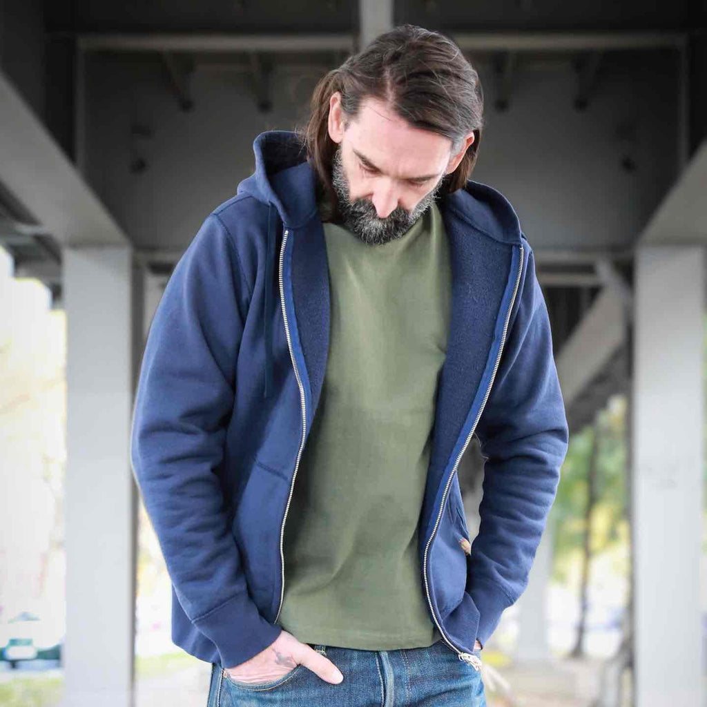 Image showing the IHSW-10-NAV - 14oz Ultra Heavyweight Loopwheel Cotton Hoodie Navy which is a Sweatshirts described by the following info IHSALE, Iron Heart, Released, Sweatshirts, Tops and sold on the IRON HEART GERMANY online store