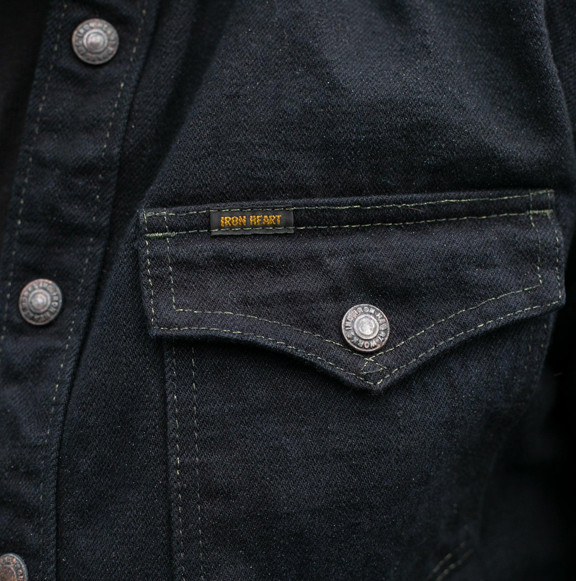 Image showing the IHSH-293-OD - 18oz Vintage Selvedge Denim CPO Shirt Indigo Overdyed Black which is a Shirts described by the following info Back In, Denim Jackets, Iron Heart, Released, Shirts, Tops and sold on the IRON HEART GERMANY online store