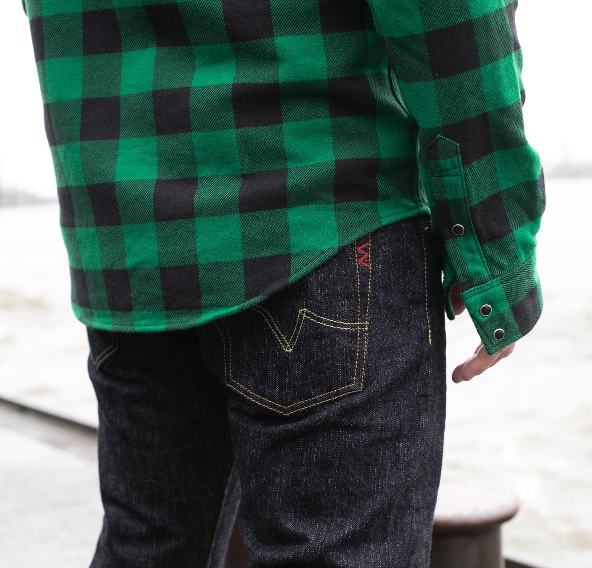 Image showing the IHSH-232-GRN - Ultra Heavy Flannel Buffalo Check Western Shirt Green/Black which is a Shirts described by the following info IHSALE, Iron Heart, Released, Shirts, Tops and sold on the IRON HEART GERMANY online store