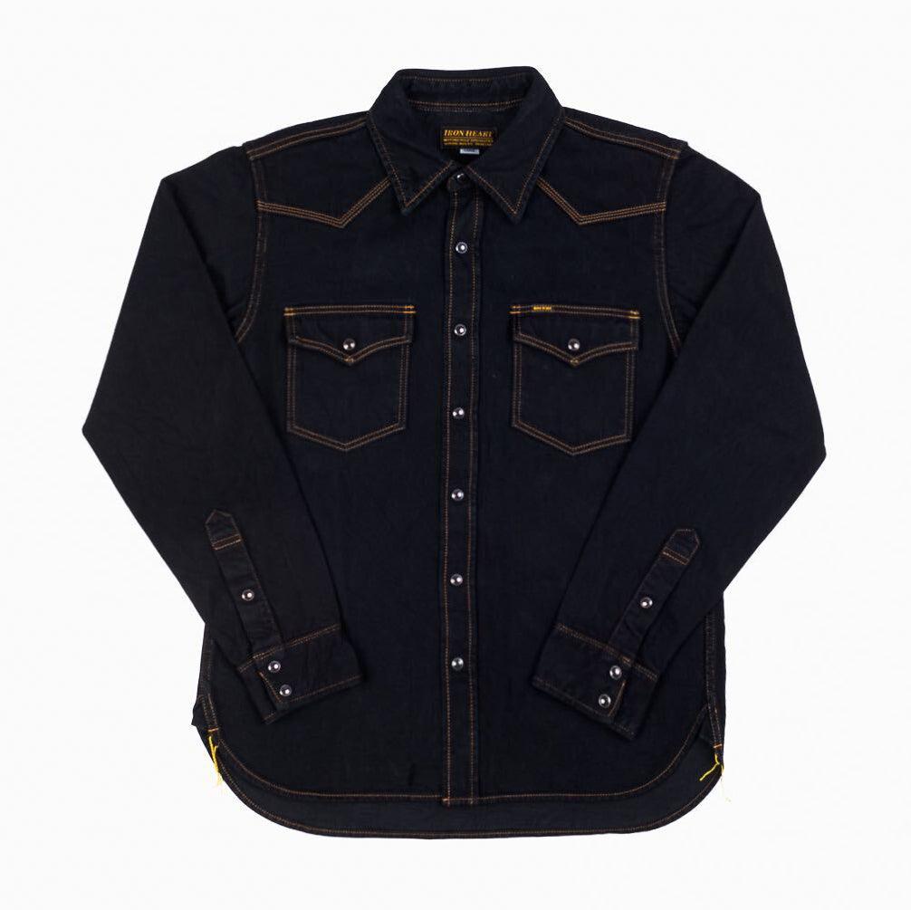 Image showing the IHSH-33-OD - 12oz Selvedge Denim Western Shirt - Indigo Overdyed Black which is a Shirts described by the following info IHSALE_M23, Iron Heart, Released, Shirts, Tops and sold on the IRON HEART GERMANY online store