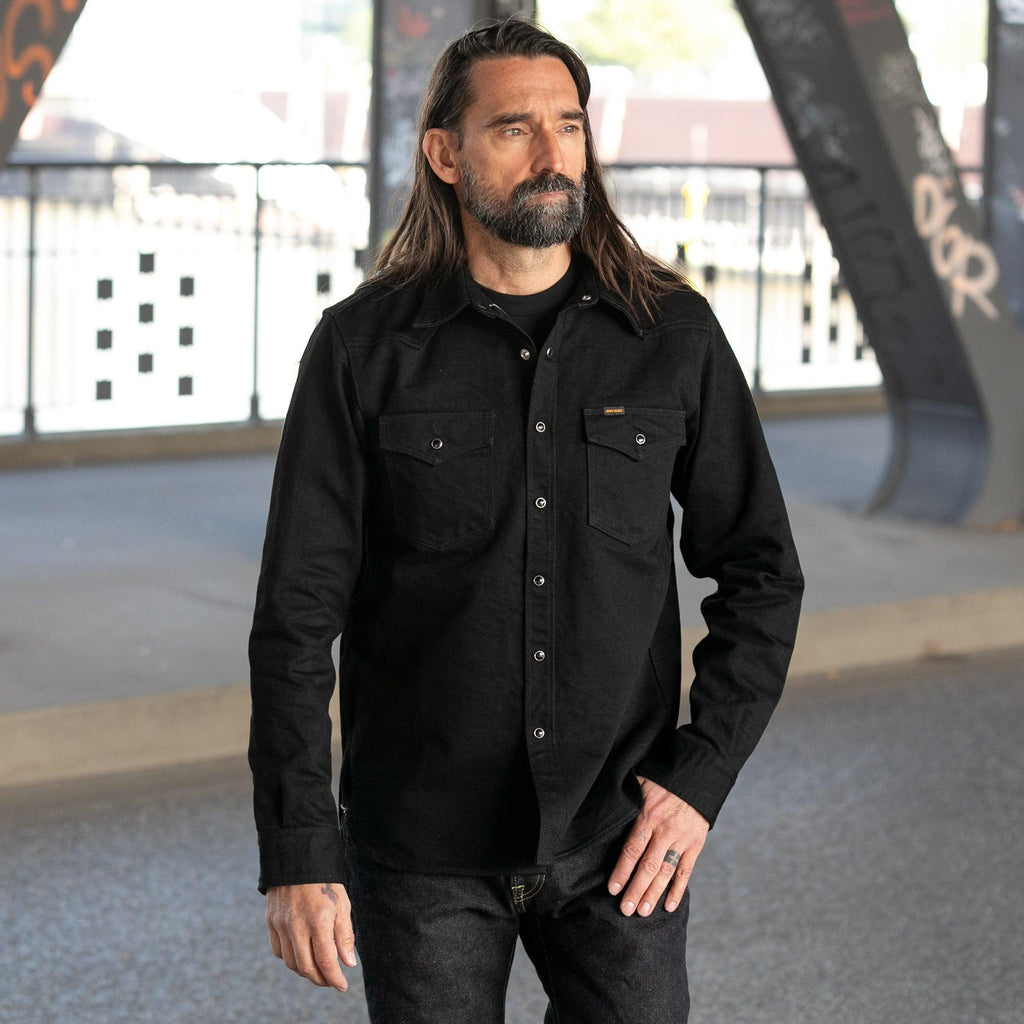 Image showing the IHSH-295-BB - 14oz Selvedge Denim Western Shirt Black/Black which is a Shirts described by the following info Back In, Iron Heart, Released, Shirts, Tops and sold on the IRON HEART GERMANY online store