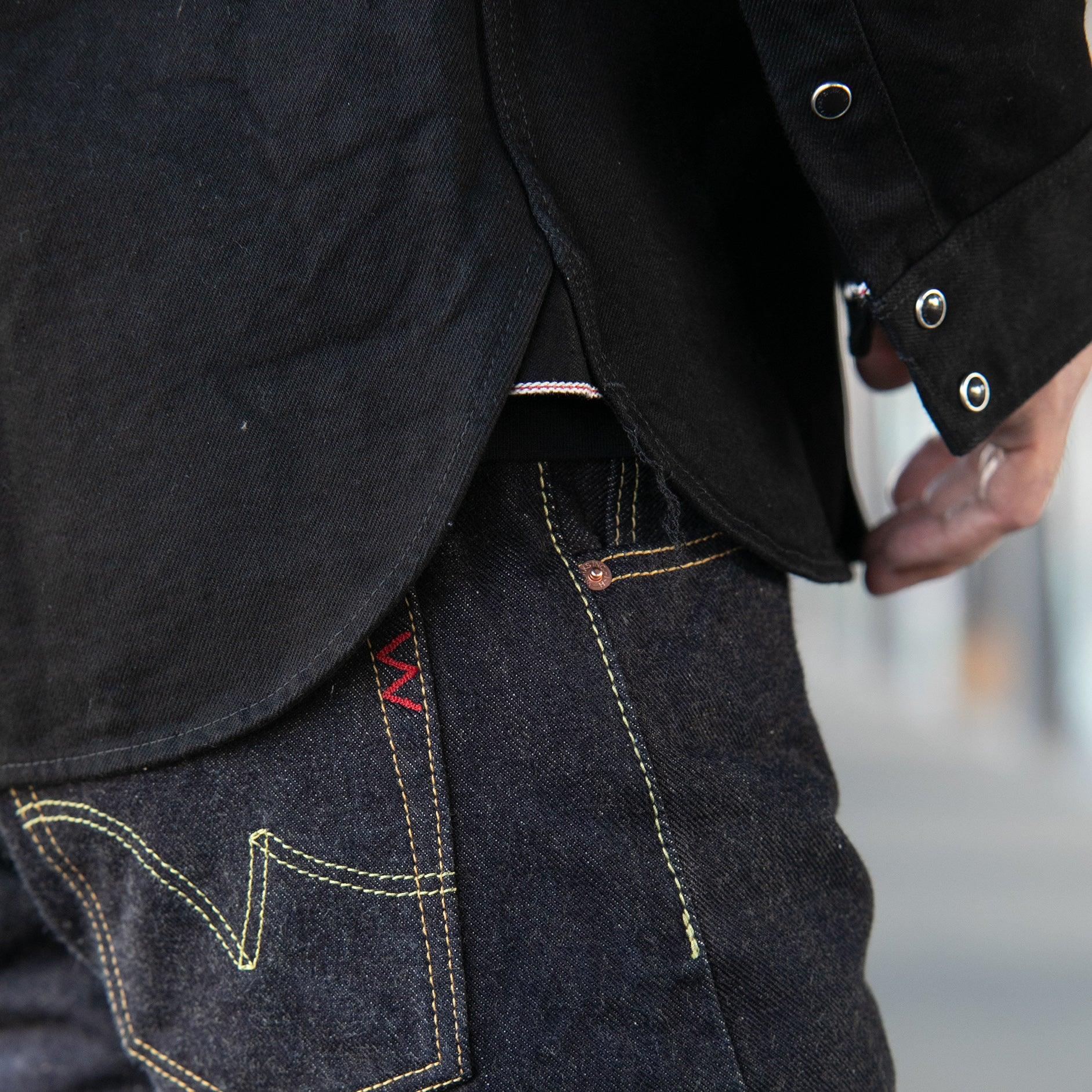 Image showing the IHSH-295-BB - 14oz Selvedge Denim Western Shirt Black/Black which is a Shirts described by the following info Back In, Iron Heart, Released, Shirts, Tops and sold on the IRON HEART GERMANY online store