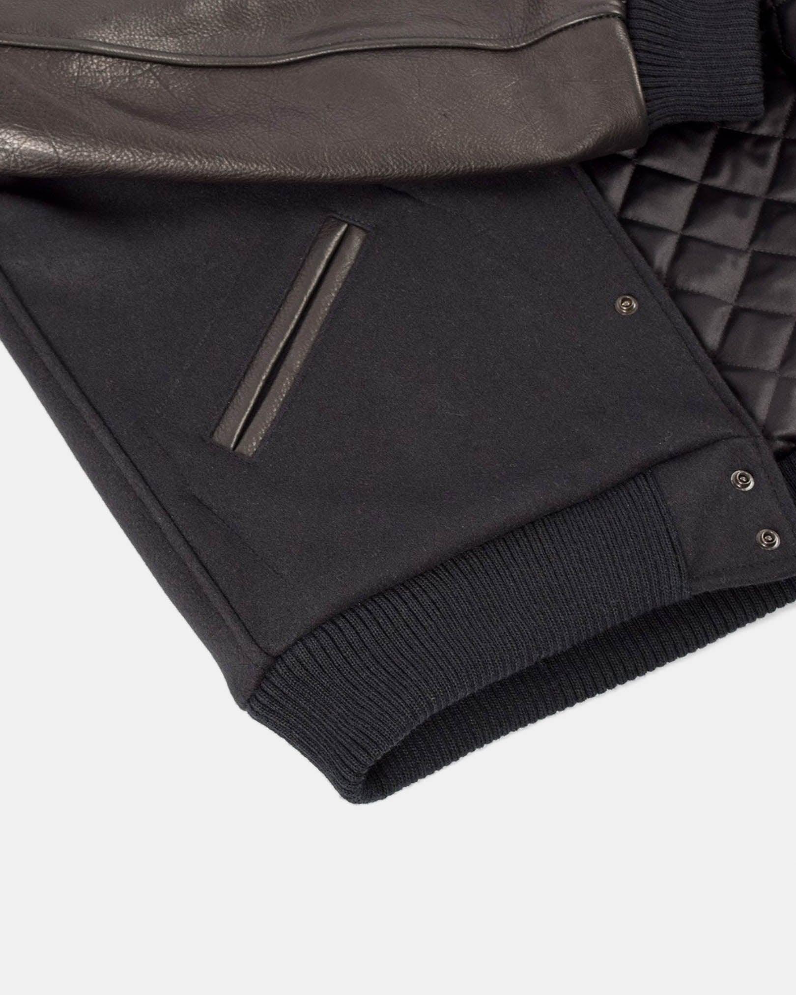 Image showing the DE-JA0002-BLK - Dehen 1920 Varsity Jacket Black which is a Jackets described by the following info Dehen 1920, Jackets, Released, Tops and sold on the IRON HEART GERMANY online store