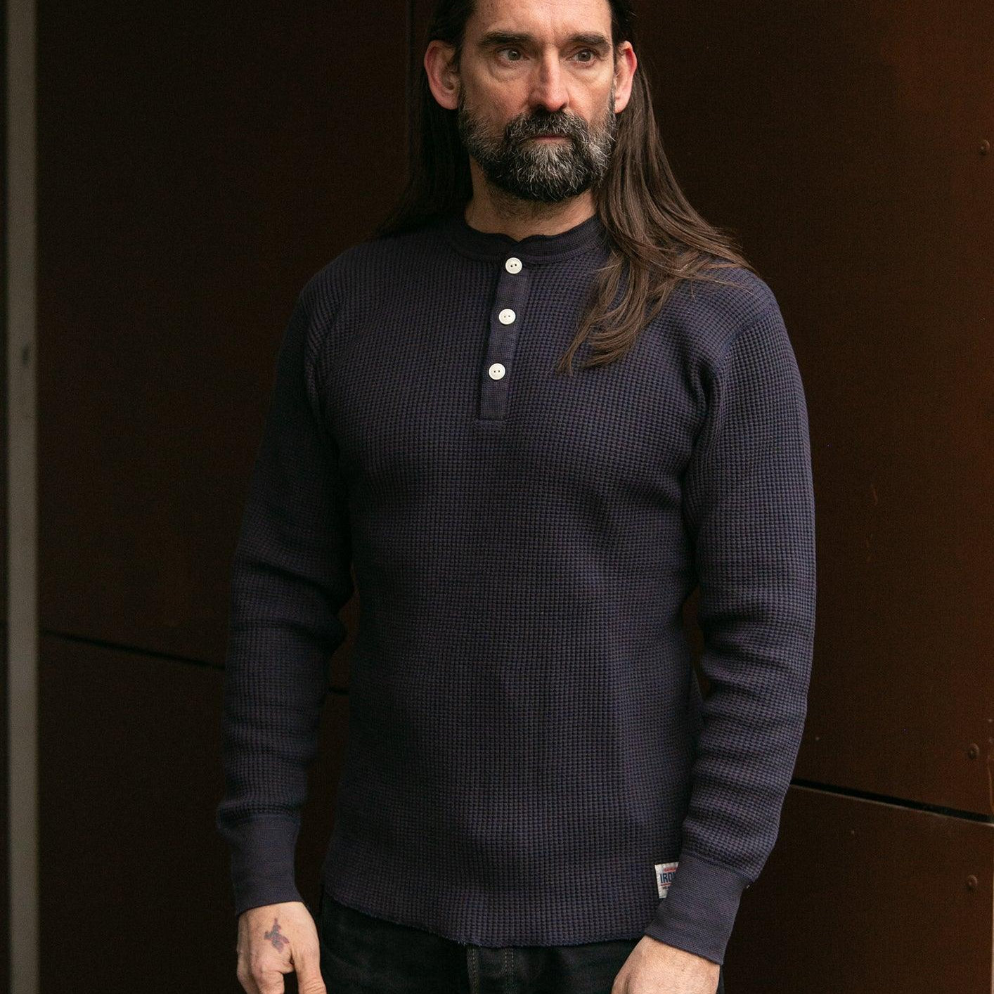 Image showing the IHTL-1213-NAV - Waffle Knit Long Sleeved Thermal Henley Navy which is a T-Shirts described by the following info Back In, Iron Heart, Released, T-Shirts, Tops and sold on the IRON HEART GERMANY online store