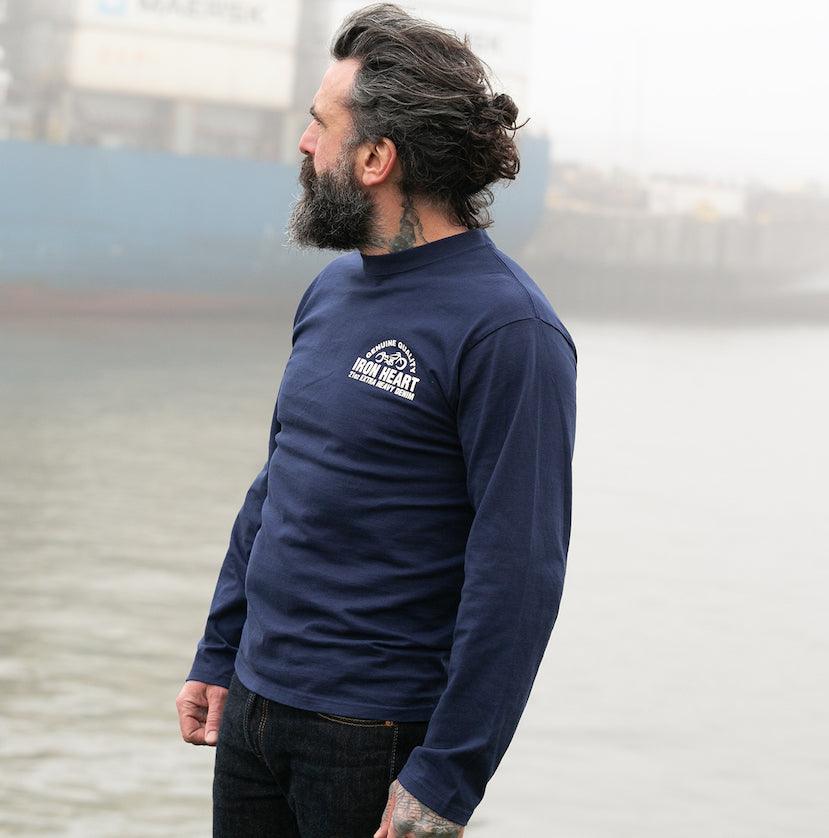 Image showing the IHTL-2302-NAV - 7.5oz Printed Loopwheel Crew Neck Long Sleeved T-Shirt - Navy which is a T-Shirts described by the following info Bargain, Released and sold on the IRON HEART GERMANY online store