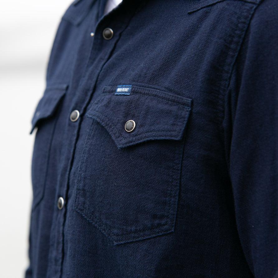 Image showing the IHSH-357-IND - 5oz Dobby Cloth Western Shirt - Indigo which is a Shirts described by the following info Bargain, Iron Heart, Released, Shirts, Tops and sold on the IRON HEART GERMANY online store