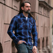 Image showing the IHSH-348-IND - 9oz Selvedge Ombré Check Western Shirt - Indigo which is a Shirts described by the following info Iron Heart, Released, Shirts, Tops and sold on the IRON HEART GERMANY online store