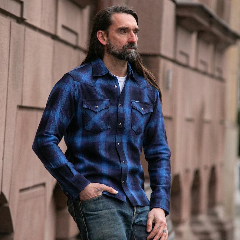Image showing the IHSH-348-IND - 9oz Selvedge Ombré Check Western Shirt - Indigo which is a Shirts described by the following info Iron Heart, Released, Shirts, Tops and sold on the IRON HEART GERMANY online store