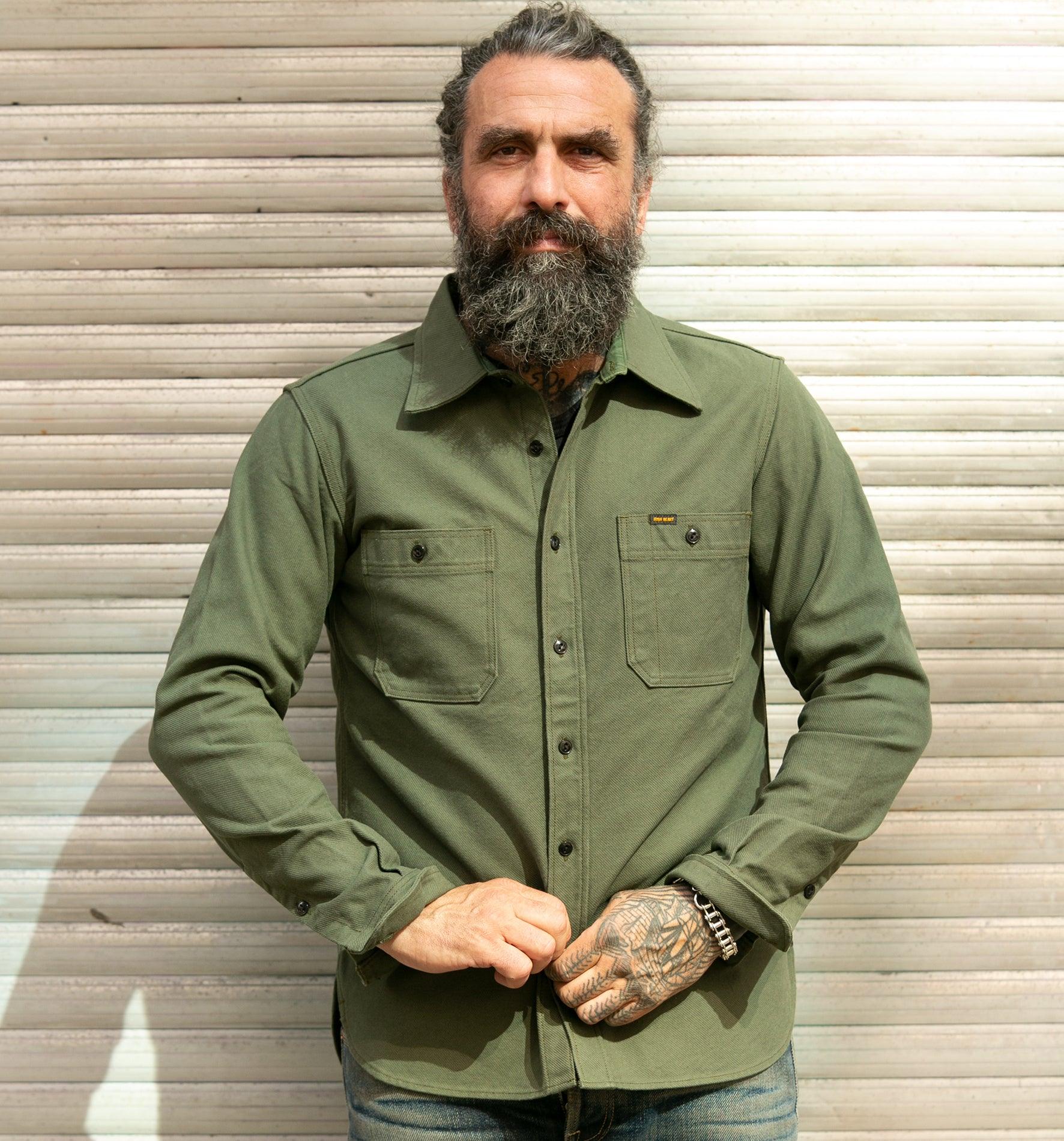 Image showing the IHSH-307-OLV - 13oz Military Serge Work Shirt Olive which is a Shirts described by the following info IHSALE_M23, Iron Heart, Released, Shirts, Tops and sold on the IRON HEART GERMANY online store
