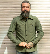 Image showing the IHSH-307-OLV - 13oz Military Serge Work Shirt Olive which is a Shirts described by the following info IHSALE_M23, Iron Heart, Released, Shirts, Tops and sold on the IRON HEART GERMANY online store