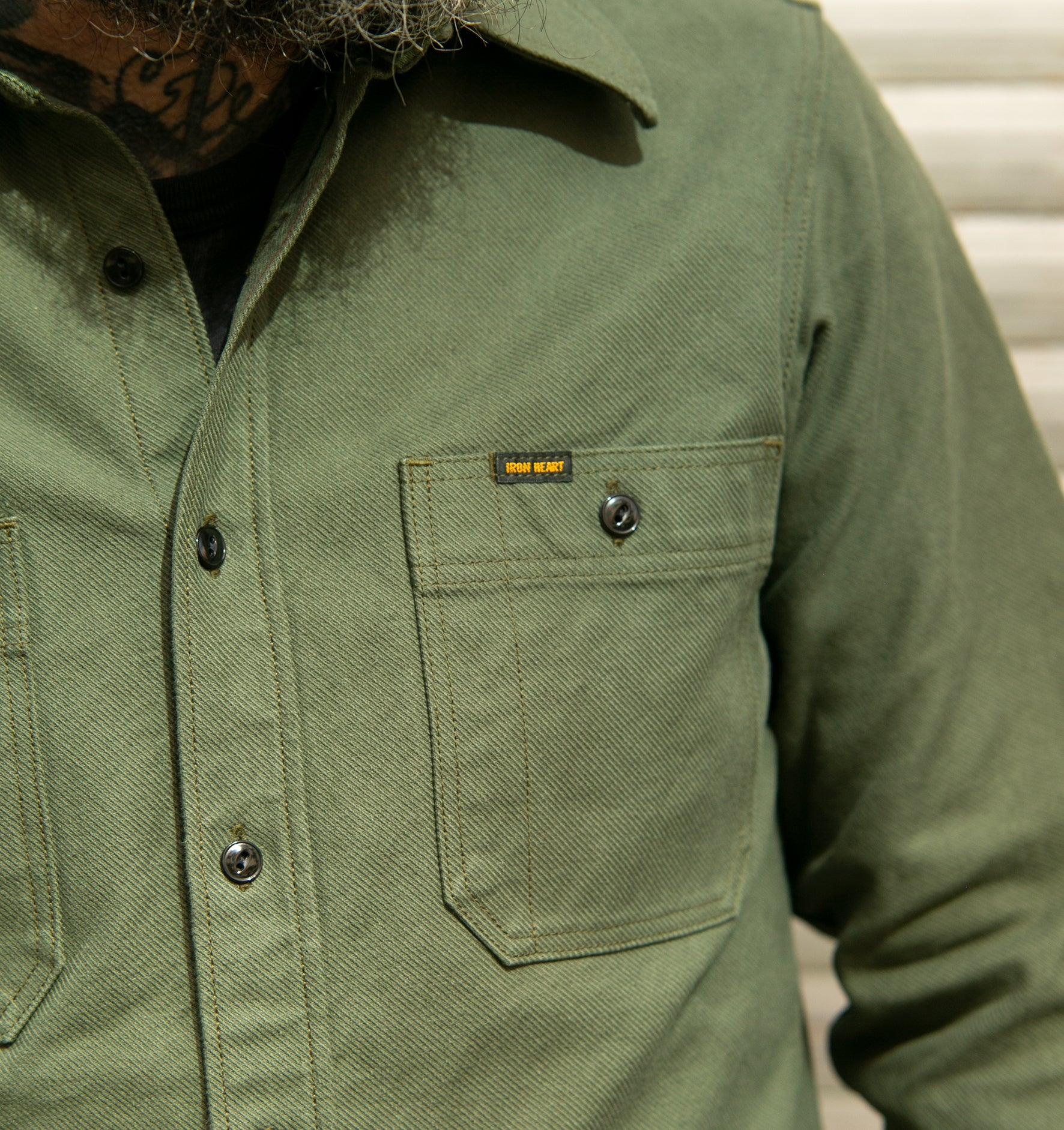 Image showing the IHSH-307-OLV - 13oz Military Serge Work Shirt Olive which is a Shirts described by the following info IHSALE_M23, Iron Heart, Released, Shirts, Tops and sold on the IRON HEART GERMANY online store