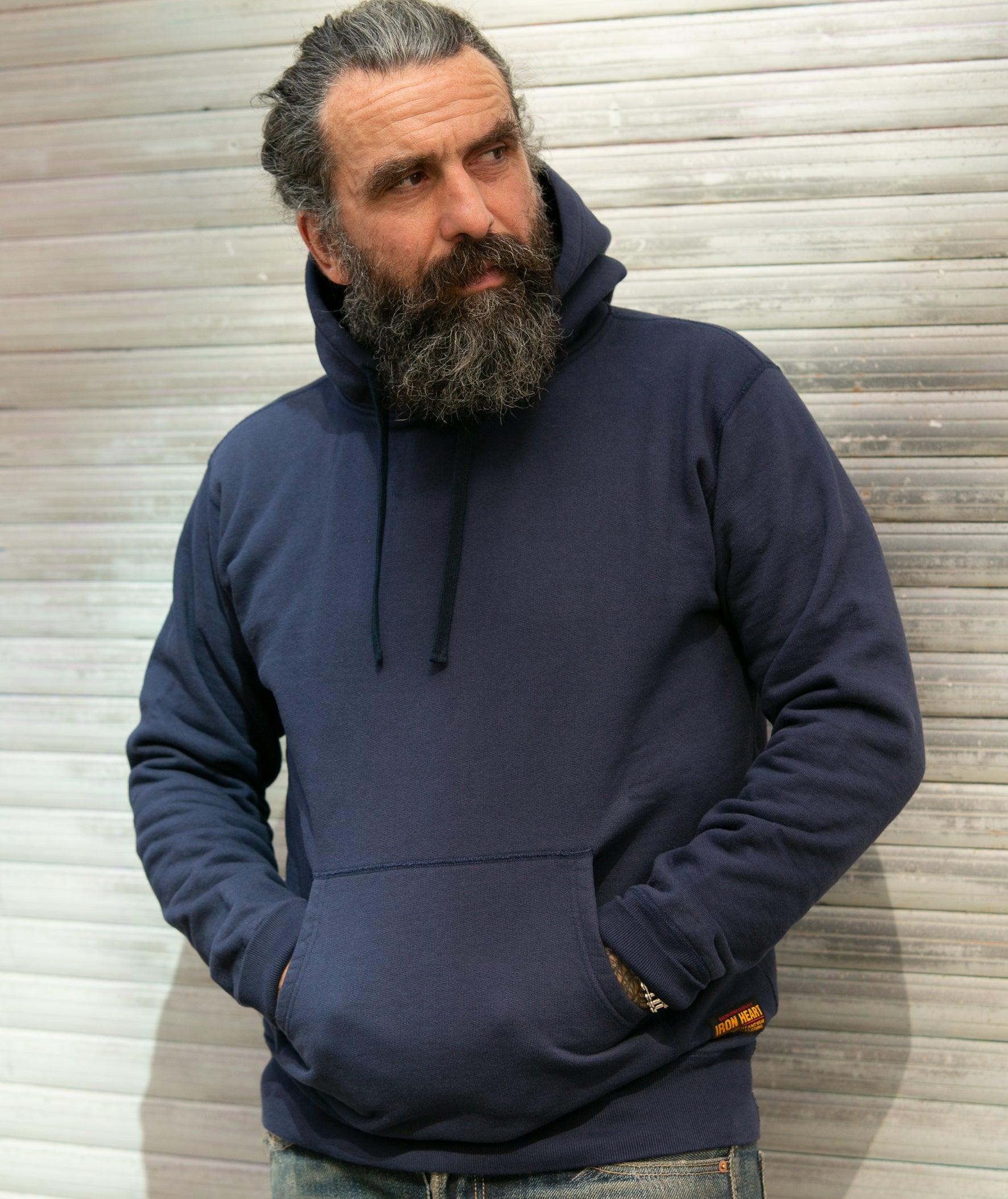 Image showing the IHSW-49-NAV - 14oz Ultra Heavyweight Loopwheel Cotton Hoodie Navy which is a Sweatshirts described by the following info IHSALE_M23, Iron Heart, Released, Sweatshirts, Tops and sold on the IRON HEART GERMANY online store