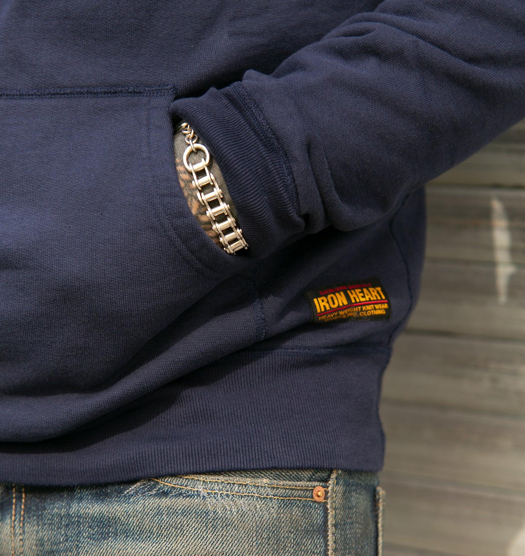 Image showing the IHSW-49-NAV - 14oz Ultra Heavyweight Loopwheel Cotton Hoodie Navy which is a Sweatshirts described by the following info IHSALE_M23, Iron Heart, Released, Sweatshirts, Tops and sold on the IRON HEART GERMANY online store