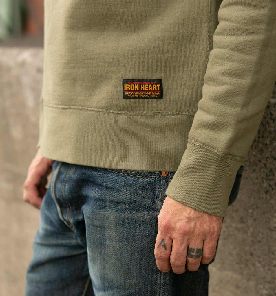 Image showing the IHSW-69L-OLV - 14oz Ultra Heavyweight Loopwheel Cotton Crew Neck Sweat - Olive which is a Sweatshirts described by the following info IHSALE_M23, Iron Heart, Released, Sweatshirts, Tops and sold on the IRON HEART GERMANY online store