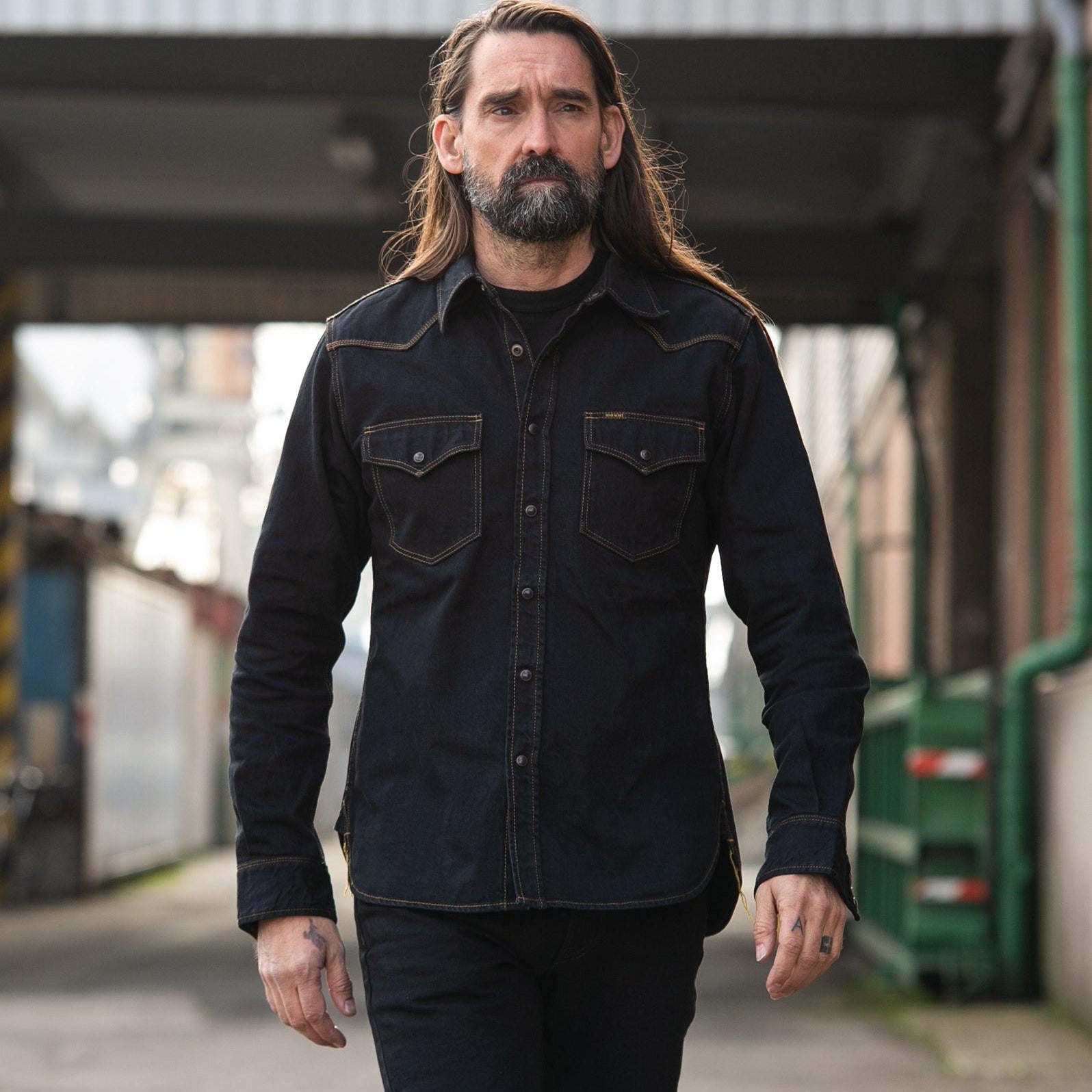 Image showing the IHSH-33-OD - 12oz Selvedge Denim Western Shirt - Indigo Overdyed Black which is a Shirts described by the following info IHSALE_M23, Iron Heart, Released, Shirts, Tops and sold on the IRON HEART GERMANY online store