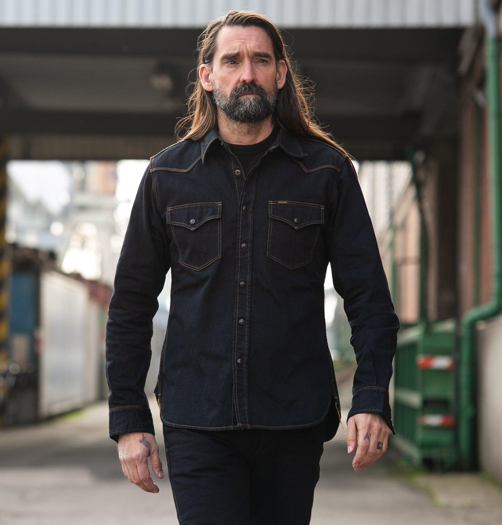 IHSH-33-OD 12oz Selvedge Denim Western Shirt Indigo Overdyed Black