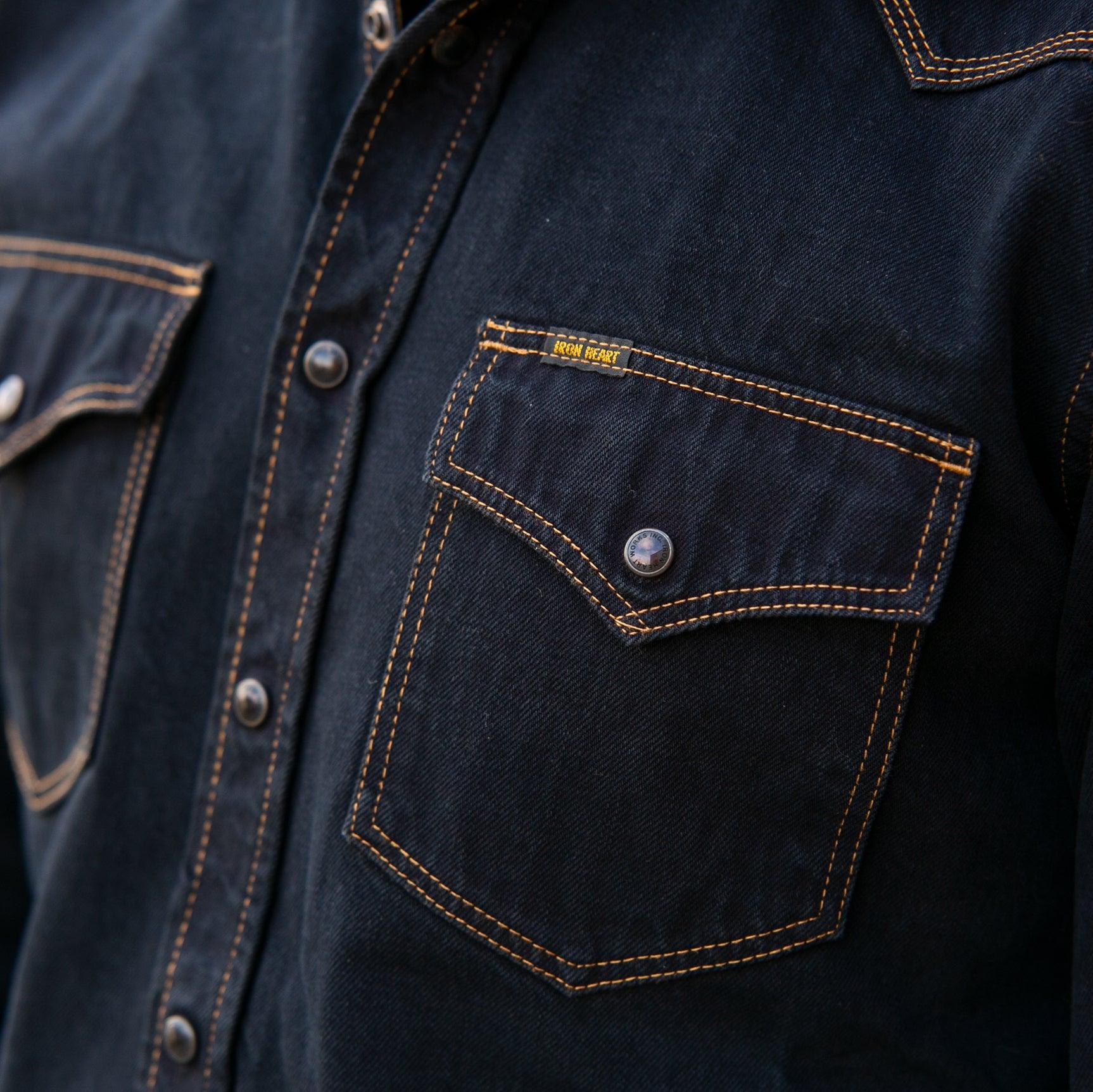 Image showing the IHSH-33-OD - 12oz Selvedge Denim Western Shirt - Indigo Overdyed Black which is a Shirts described by the following info IHSALE_M23, Iron Heart, Released, Shirts, Tops and sold on the IRON HEART GERMANY online store