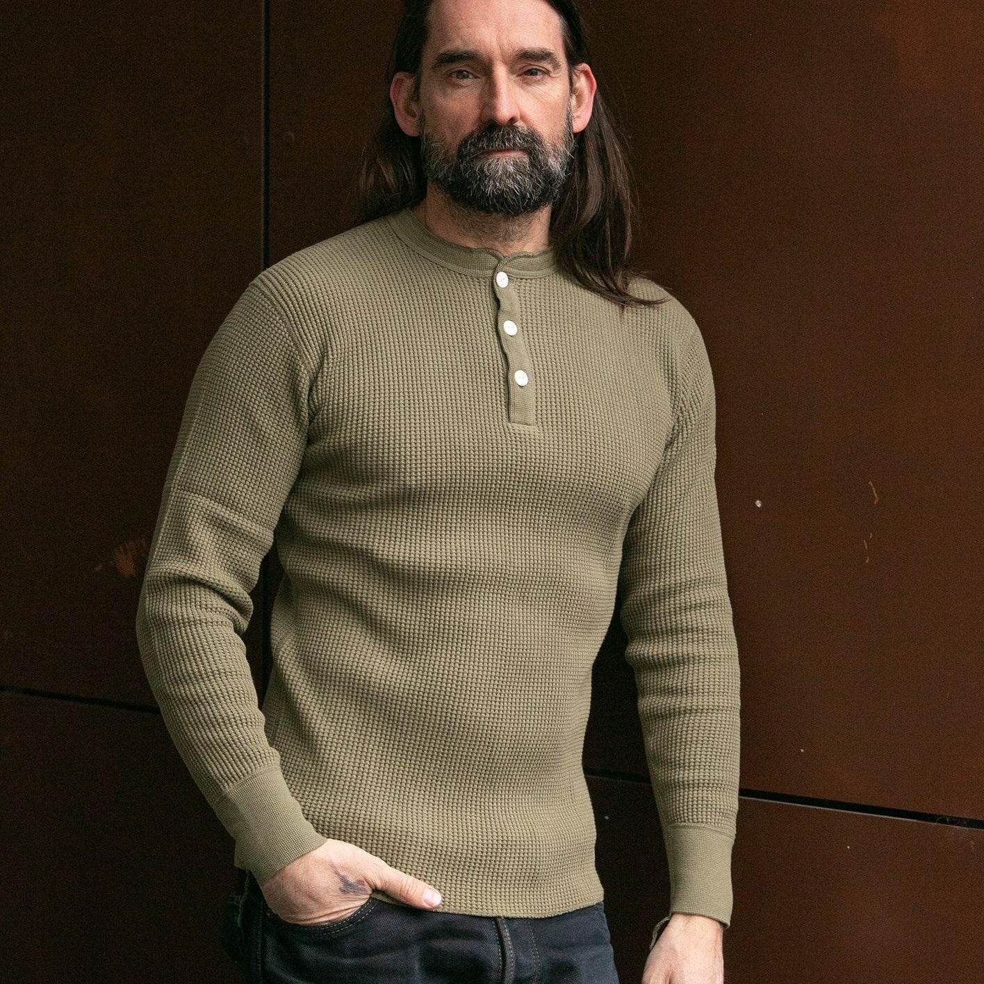 Image showing the IHTL-1213-OLV - Waffle Knit Long Sleeved Thermal Henley Olive which is a T-Shirts described by the following info Back In, Iron Heart, Released, T-Shirts, Tops and sold on the IRON HEART GERMANY online store