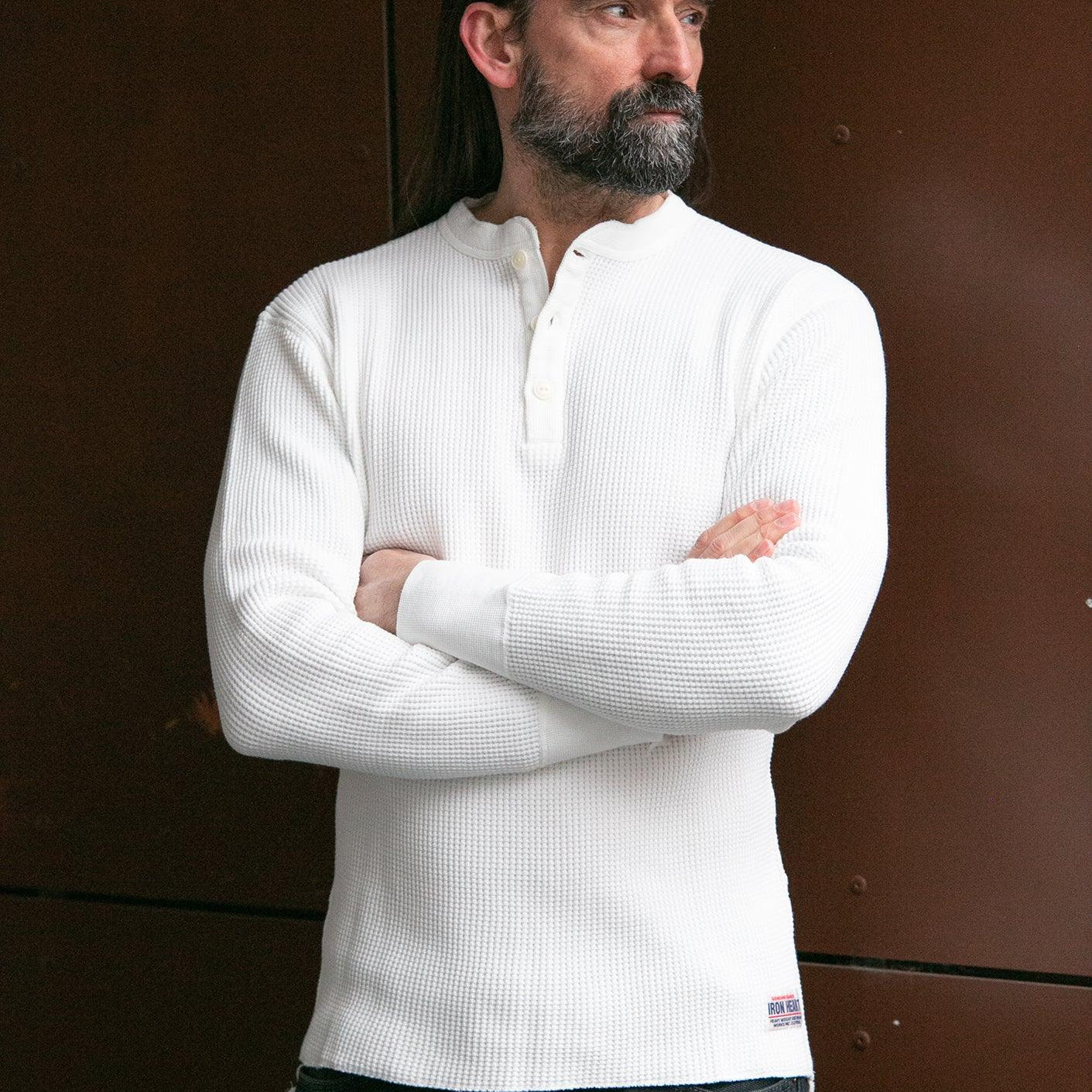 Image showing the IHTL-1213-WHT - Waffle Knit Long Sleeved Thermal Henley White which is a T-Shirts described by the following info Back In, Iron Heart, Released, T-Shirts, Tops and sold on the IRON HEART GERMANY online store