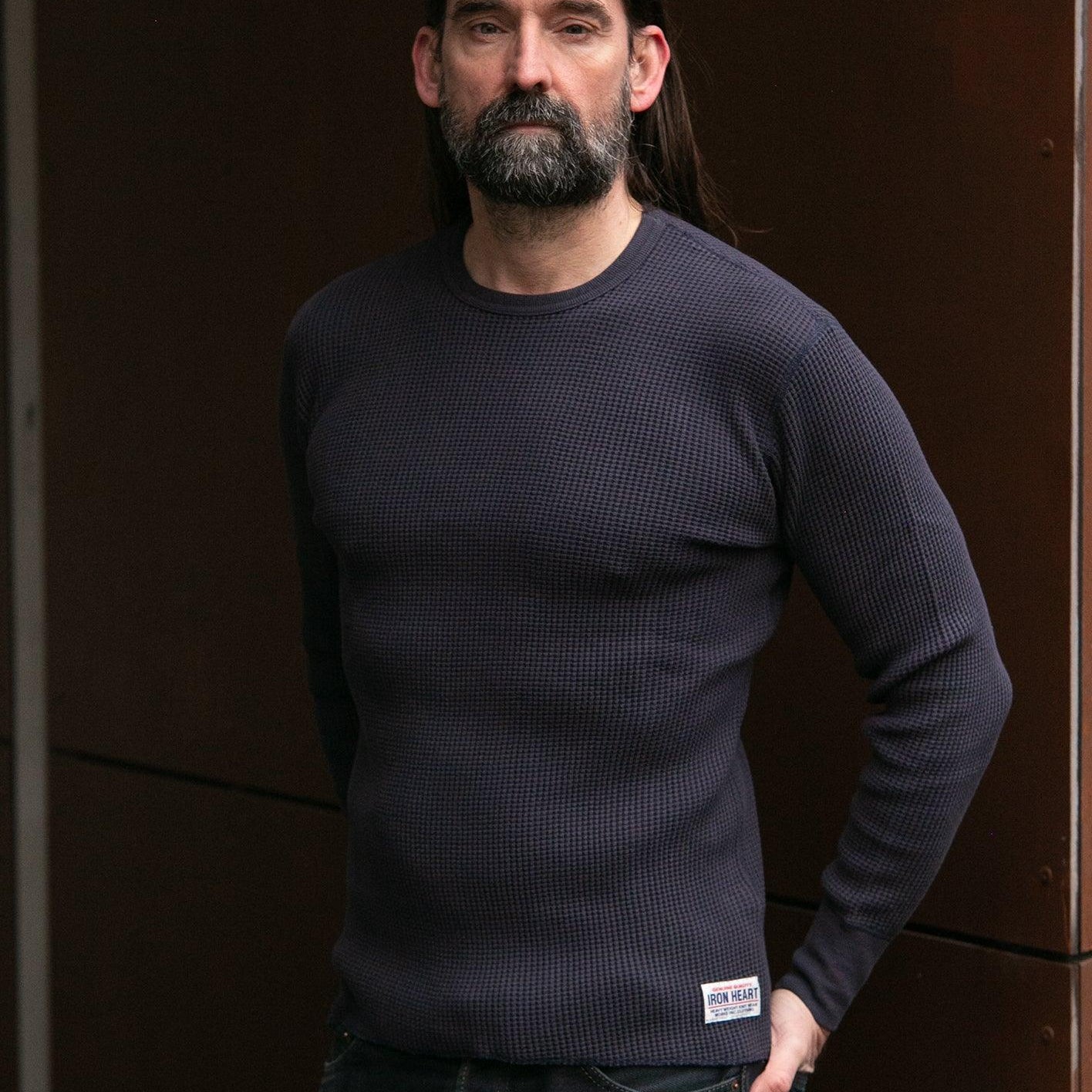 Image showing the IHTL-1301-NAV - Waffle Knit Thermal Longsleeve Navy which is a T-Shirts described by the following info Back In, IHSALE_M23, Iron Heart, Released, T-Shirts, Tops and sold on the IRON HEART GERMANY online store