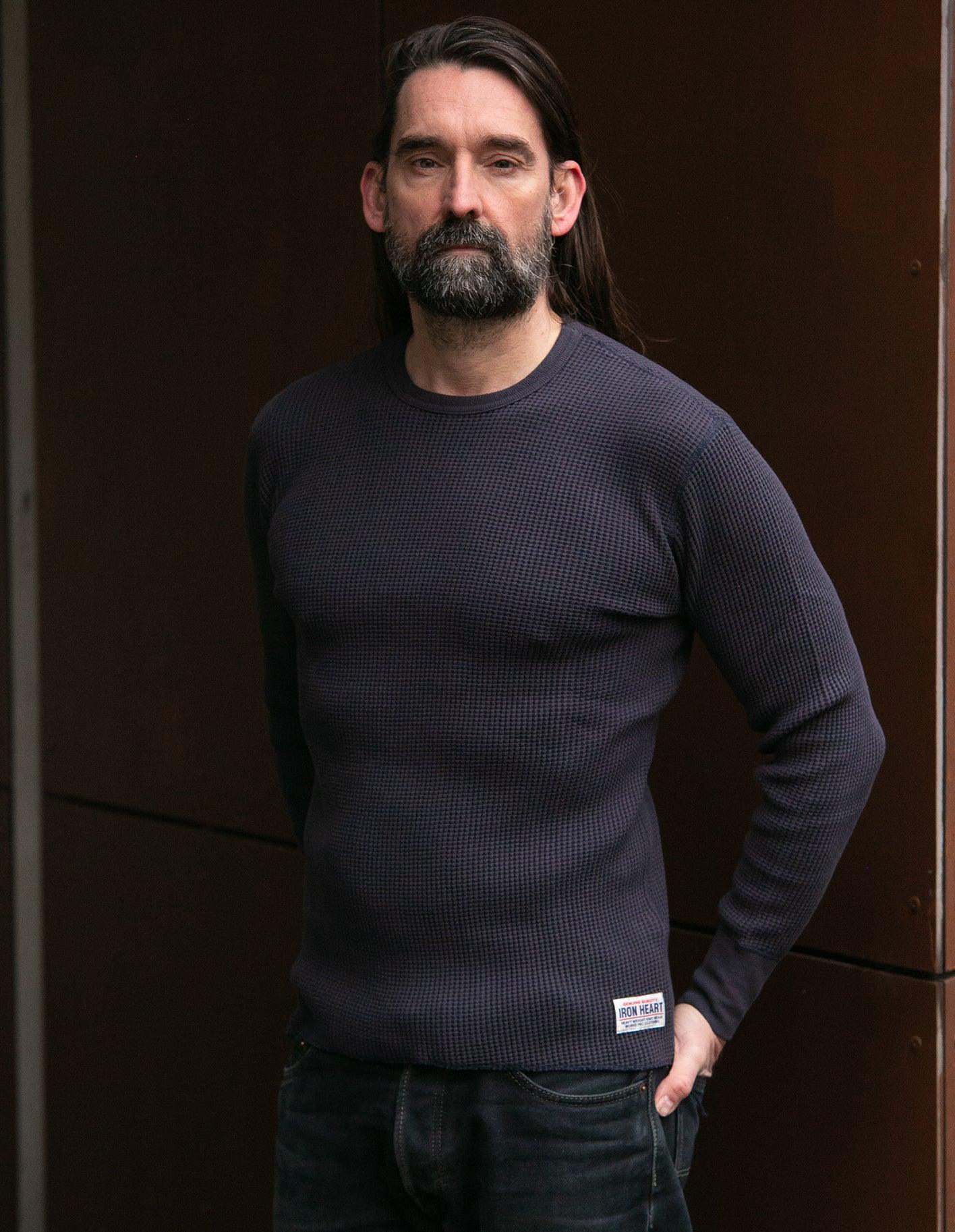 Image showing the IHTL-1301-NAV - Waffle Knit Thermal Longsleeve Navy which is a T-Shirts described by the following info Back In, IHSALE_M23, Iron Heart, Released, T-Shirts, Tops and sold on the IRON HEART GERMANY online store