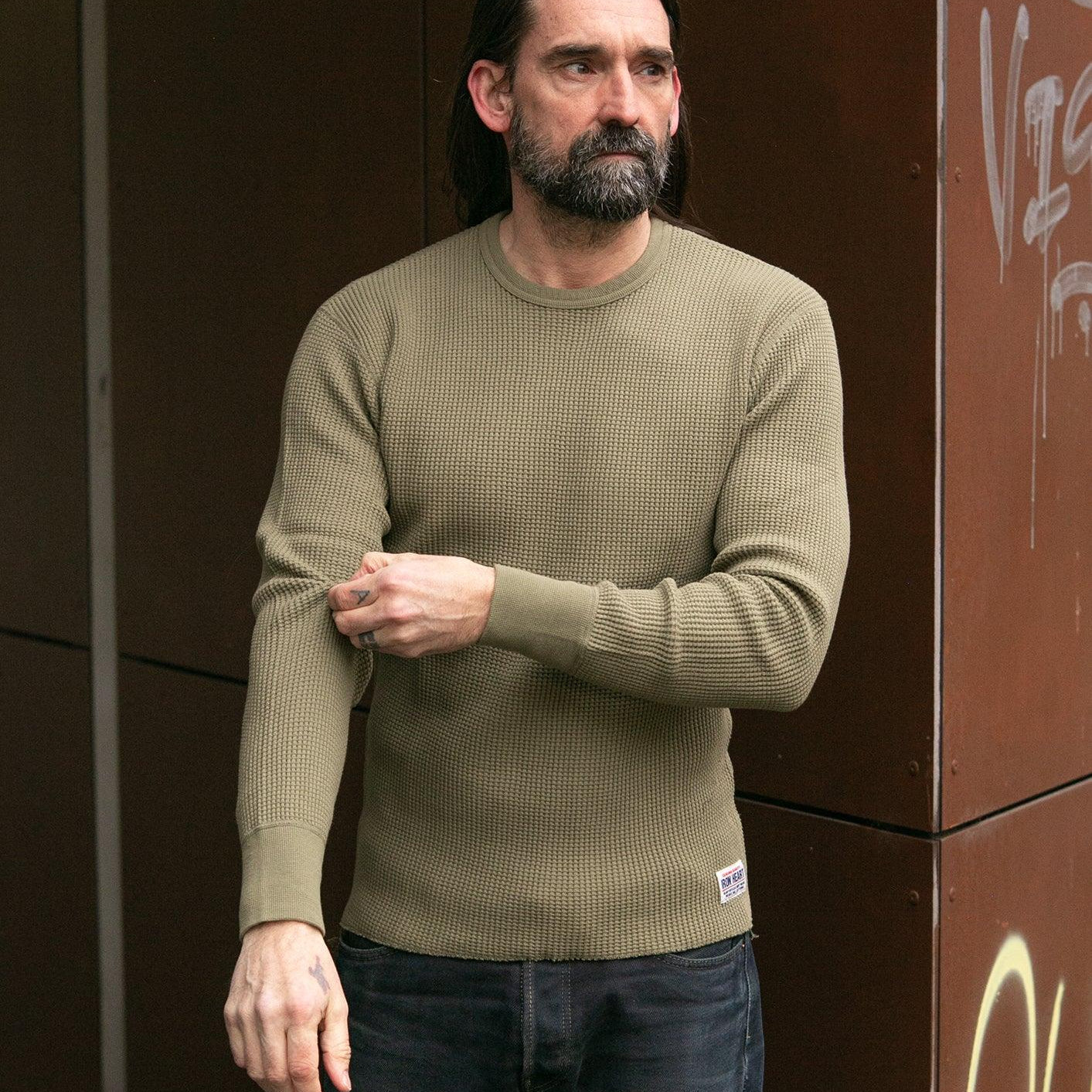 Image showing the IHTL-1301-OLV - Waffle Knit Long Sleeved Crew Neck Olive which is a T-Shirts described by the following info Back In, IHSALE_M23, Iron Heart, Released, T-Shirts, Tops and sold on the IRON HEART GERMANY online store