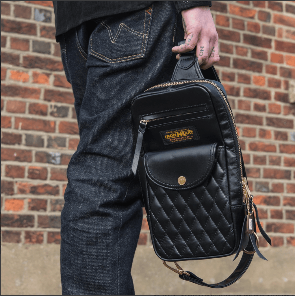 Image showing the IHE-40-BLK - Rectangular Leather Diamond Stitched Shoulder Bag Black which is a Bags described by the following info Accessories, Bags, Iron Heart, Released and sold on the IRON HEART GERMANY online store