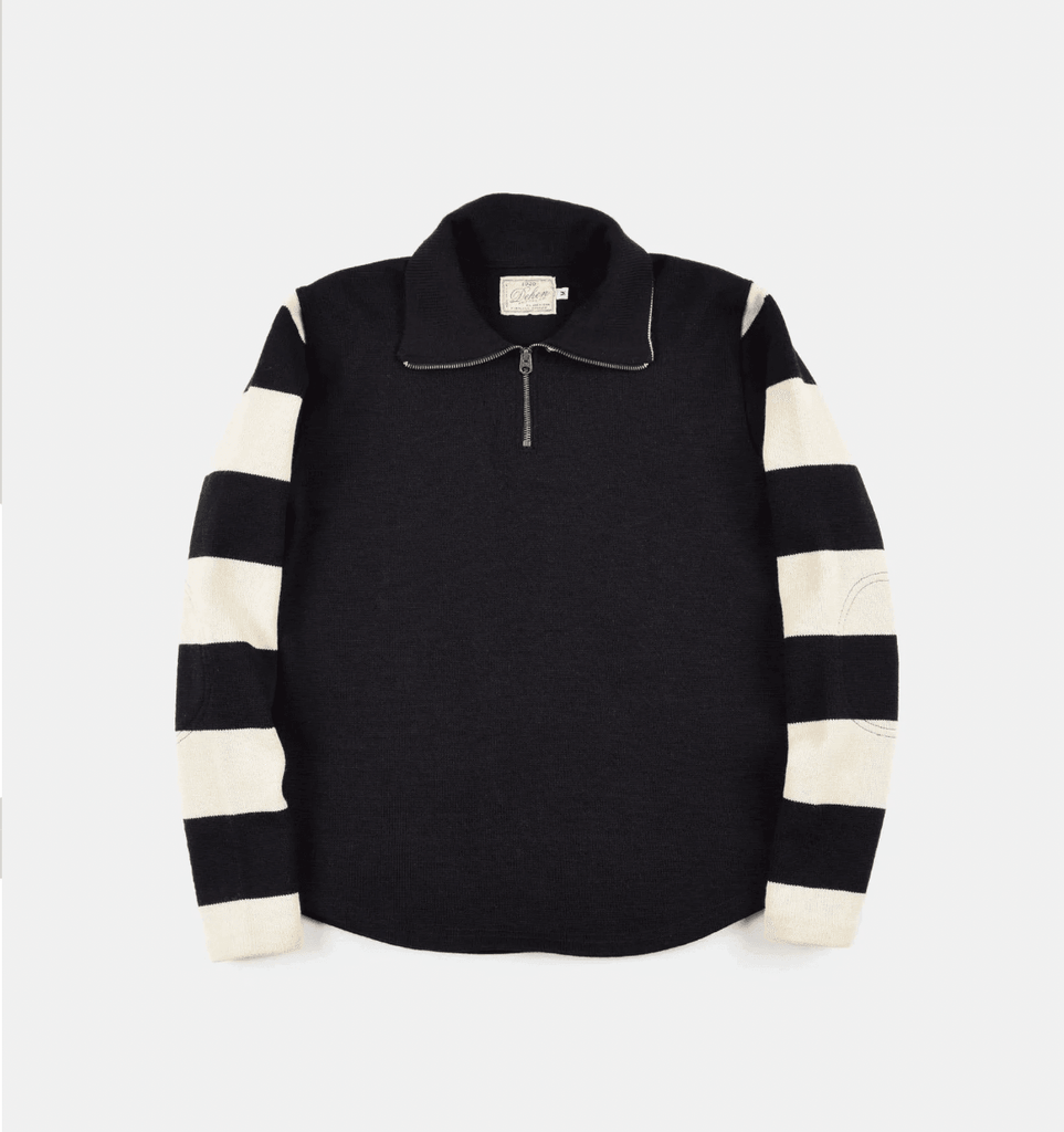 Image showing the DE-SW0056-BLK/WHT - 1/4 Zip Moto-Jersey - Black / Off White which is a Knitwear described by the following info Bargain, Dehen 1920, Knitwear, Released, Tops and sold on the IRON HEART GERMANY online store